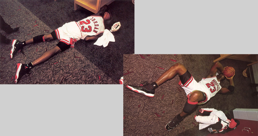 Michael Jordan laying in the Chicago Bulls locker after his victory