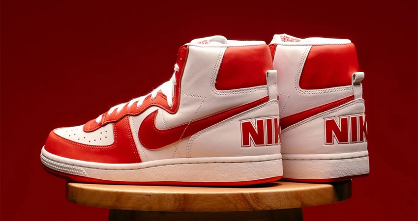 Drop Details Of The Nike Terminator High White University Red back corner