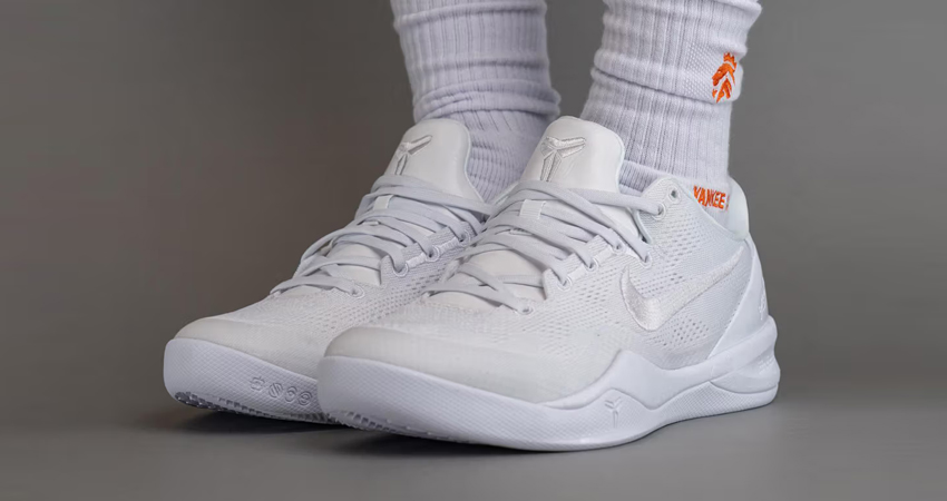 On Foot Images Of The Nike Kobe 8 Proto ‘ Triple White onfoot front corner