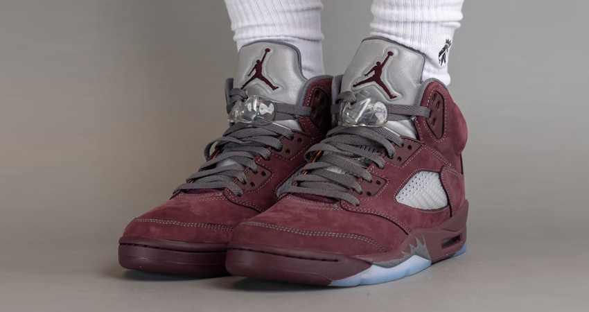 On Foot Look Of The Air Jordan 5 ‘Burgandy front corner