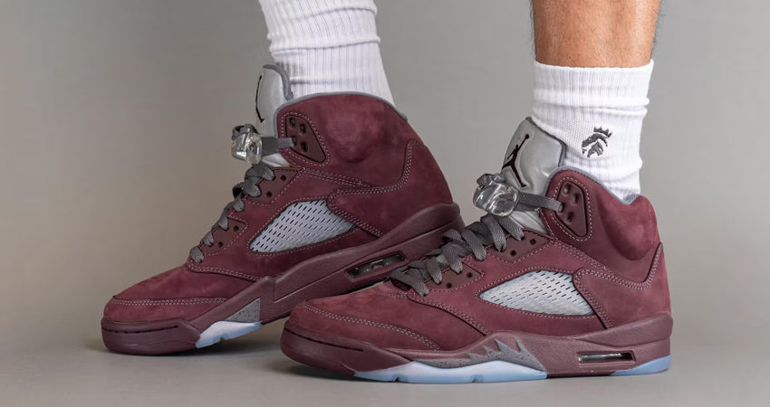 On Foot Look Of The Air Jordan 5 ‘Burgandy left corner
