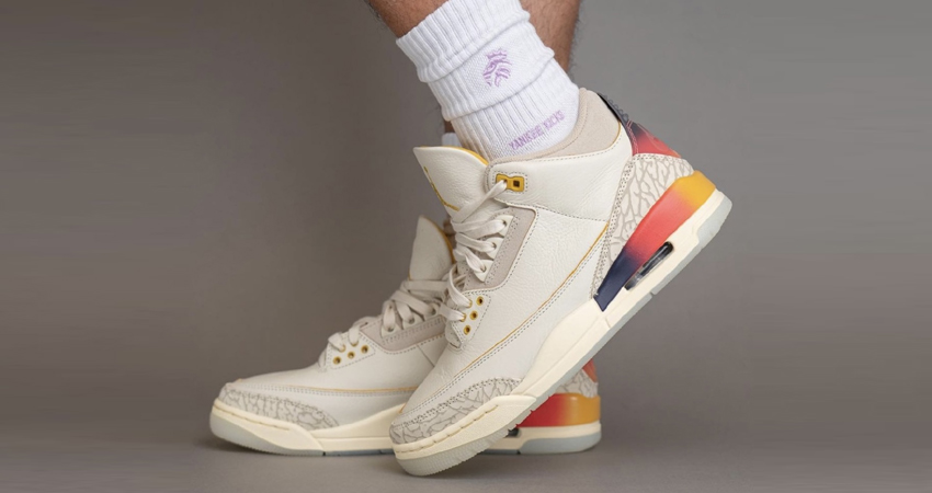 J Balvin x Air Jordan 3 Sunset Release Details onfoot left