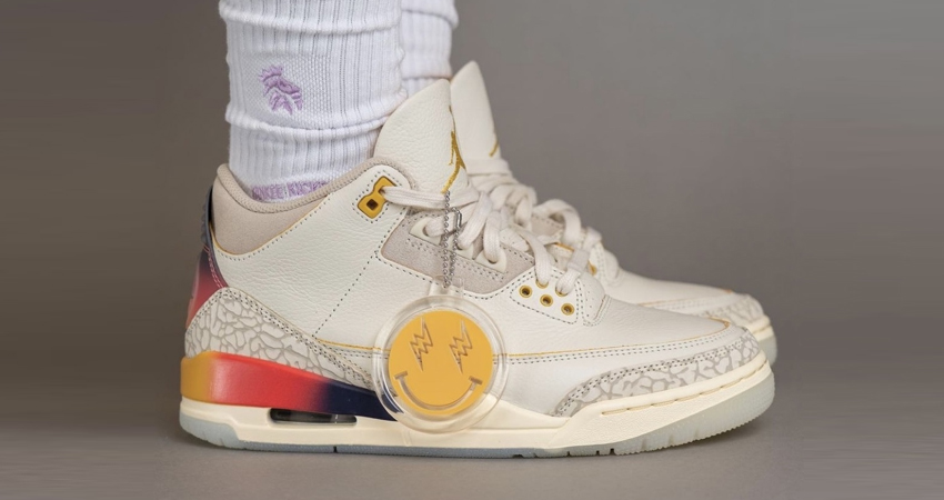 J Balvin x Air Jordan 3 Sunset Release Details onfoot right