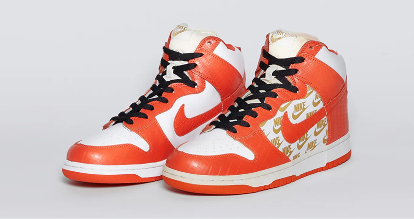Supreme x Nike SB Dunk High Prototype Orange White front corner 1