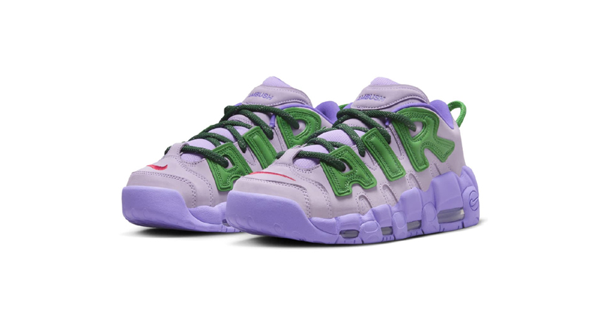 The AMBUSH x Nike Air More Uptempo Low ‘Lilac Drop Details front corner