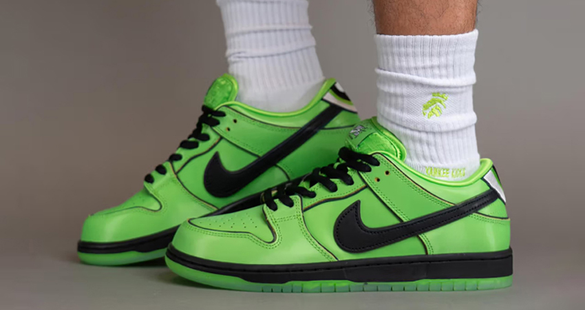 The Powerpuff Girls x Nike SB Dunk Low Buttercup FZ8319 300 onfoot left