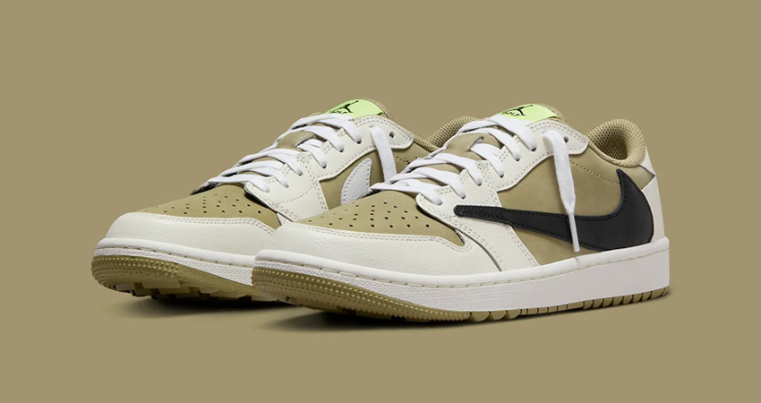 Official Images Of The Travis Scott x Air Jordan 1 Low OG Golf Olive front corner