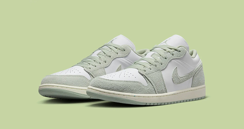 Hairy Suede Layers Up The Style On The Air Jordan 1 Low Light Green front corner
